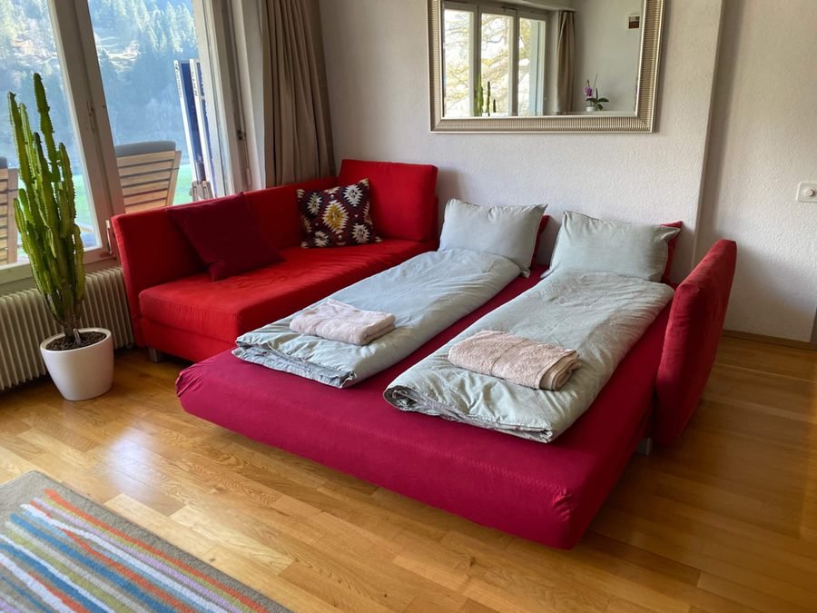 The living room sofa opened as a double bed, made up with grey bedding