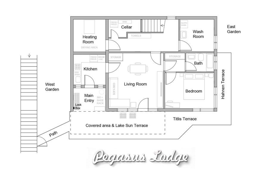 Hand-drawn floor plan of the flat: kitchen, living room, bedroom and bath, with the Titlis Terrace, Hahnen Terrace and the covered Lake Sun Terrace, and the 55 steps down from the road